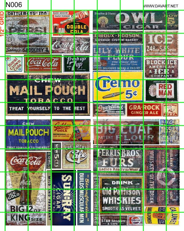 NH012 1/2 Set N SCALE GHOST SIGNS SODA TOBACCO BEER AUTOMOTIVE CAFE DAVE'S DECAL 