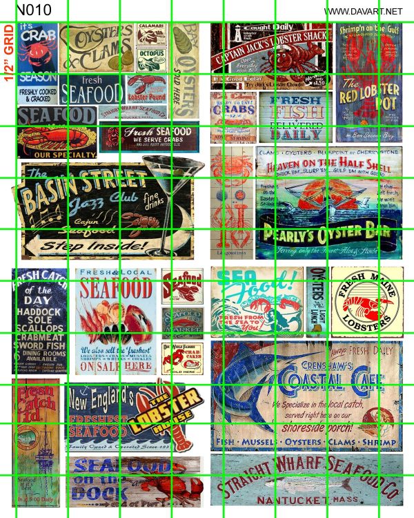 NH034 DAVE'S DECALS 1/2 Set N SCALE ASSORTED SEAFOOD LOBSTER CLAM CRAB SIGNAGE 